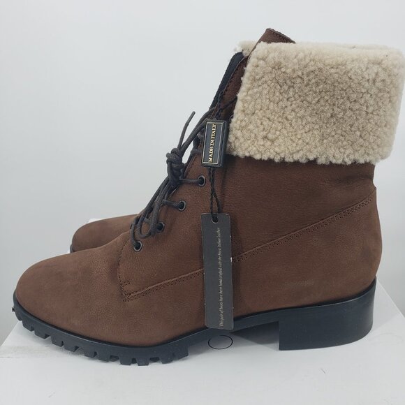 Brown Lace Up Ankle Boots Shearling Cuff Lug Sole Combat Booties - Picture 5 of 9